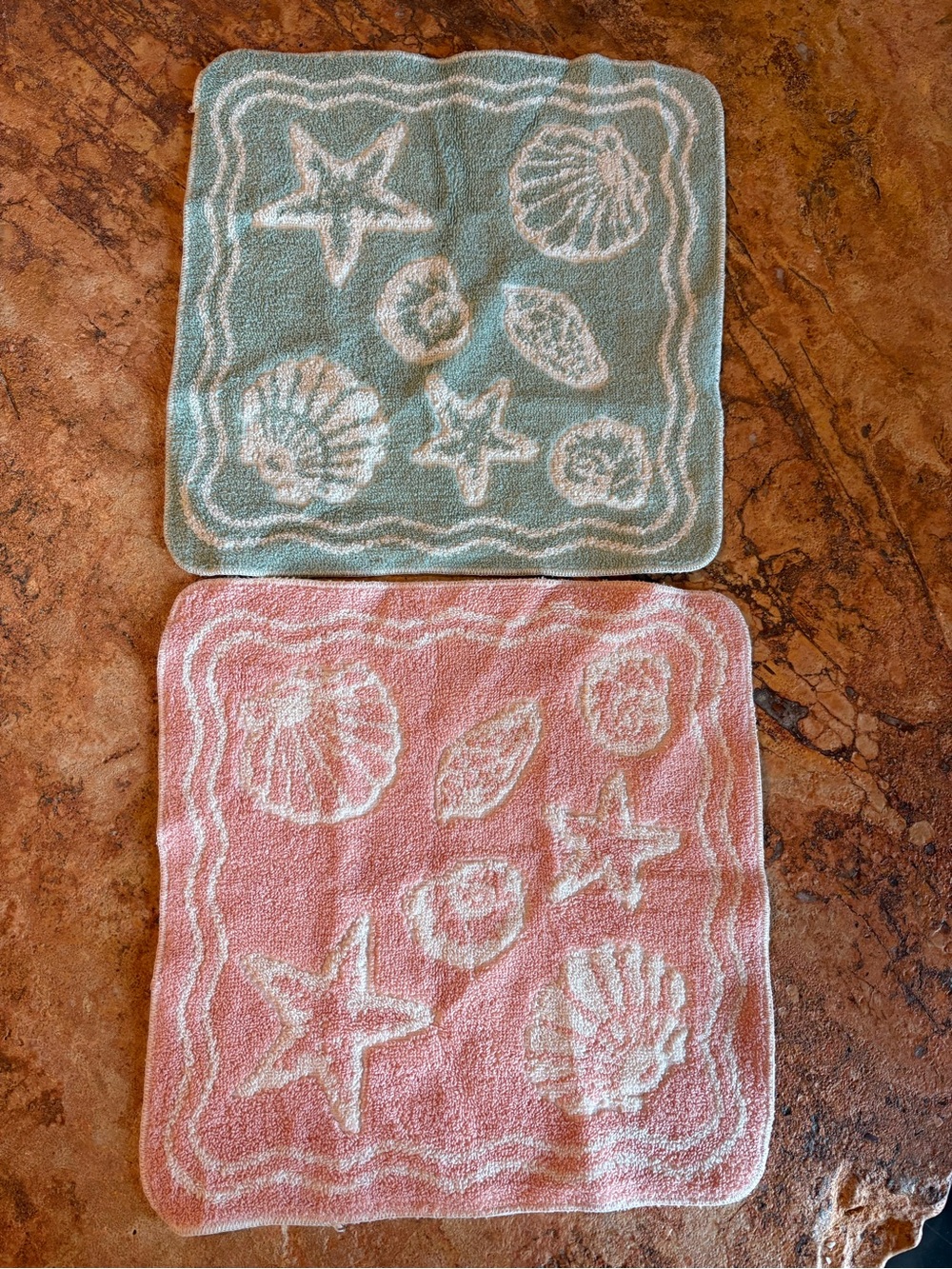Vintage Royal Velvet Fieldcrest Peach Mint Seascape Shell Starfish Washcloth Set
